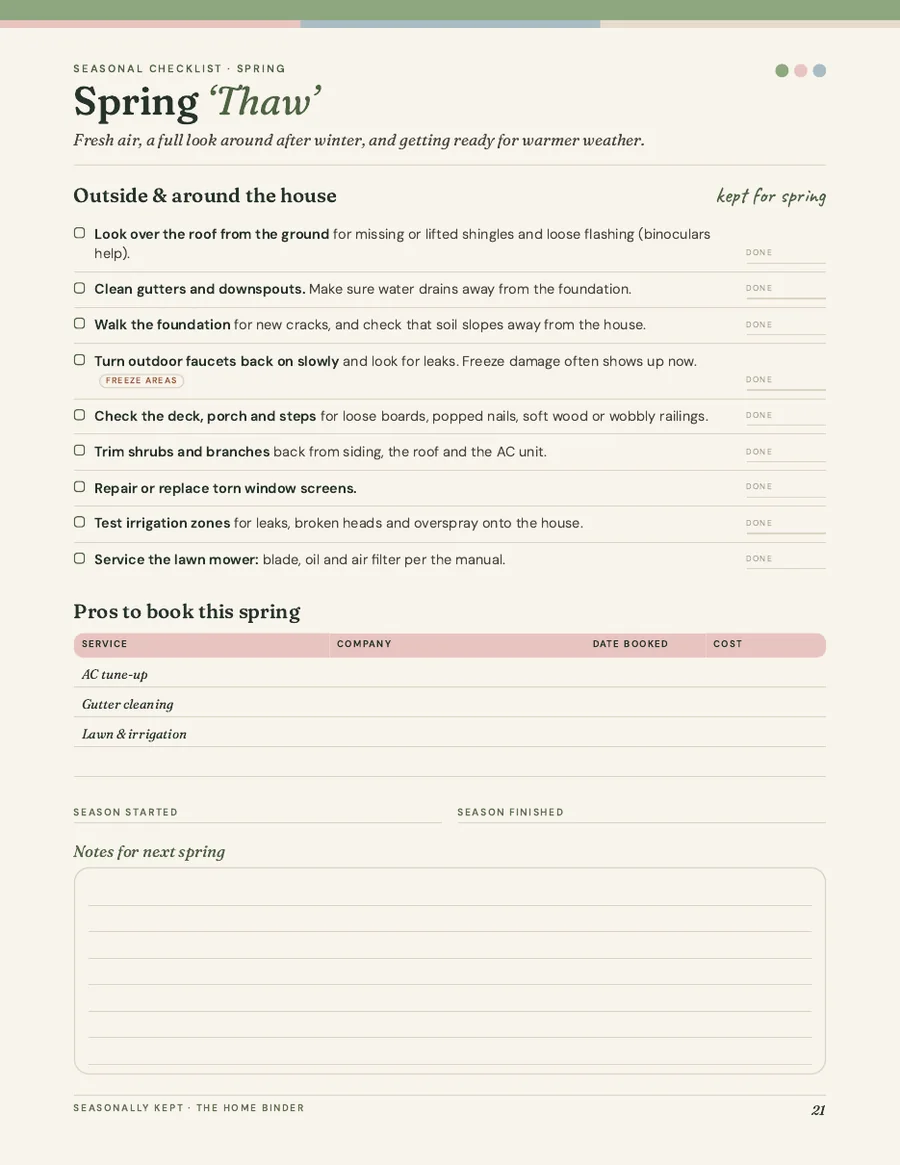 Page 21: the Spring Thaw seasonal checklist.