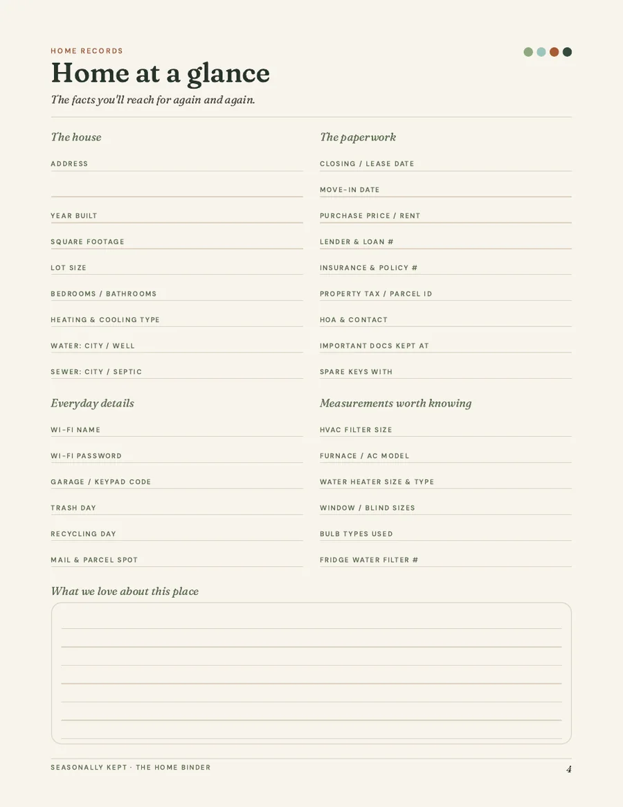 Home at a Glance: the house, the paperwork, everyday details and key measurements.