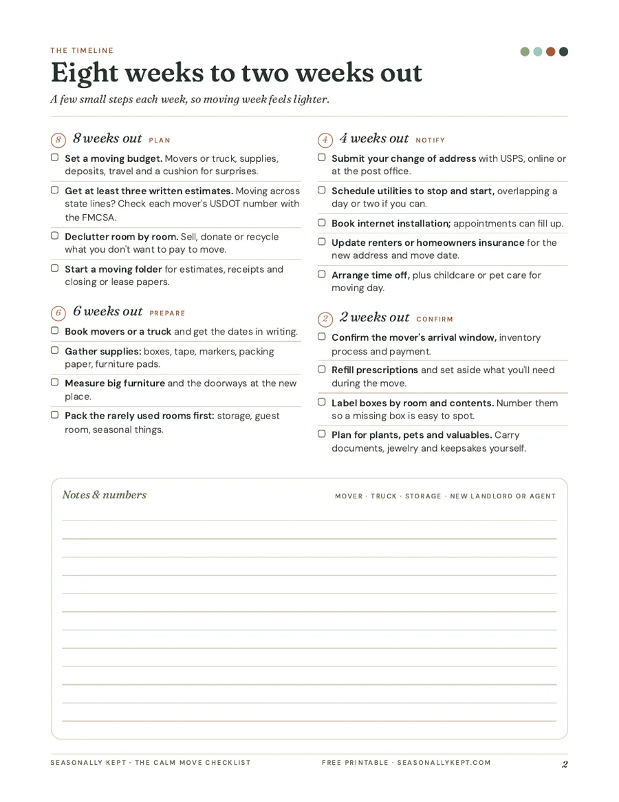 Page 2 of The Calm Move Checklist: plan, prepare, notify and confirm.